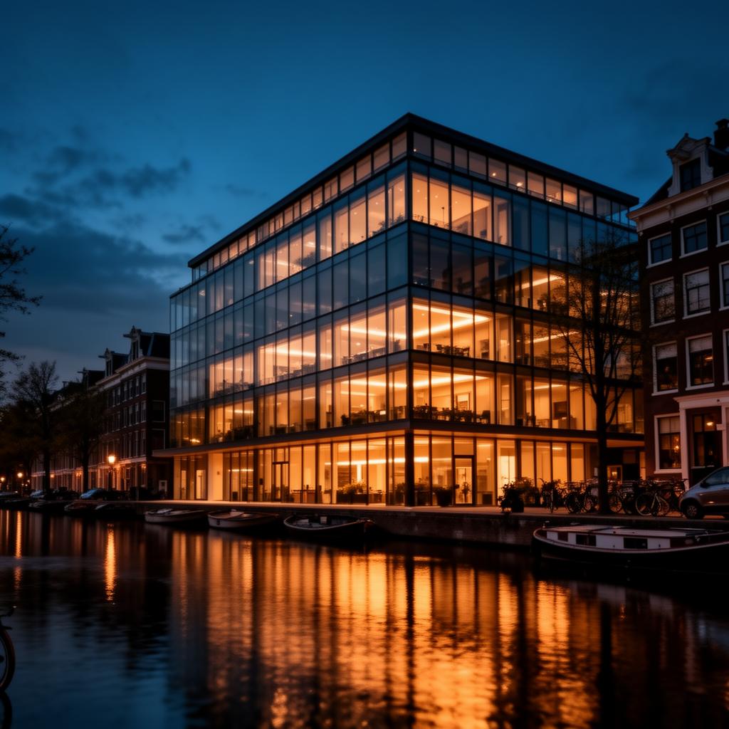 Modern Amsterdam canal-side office at dusk